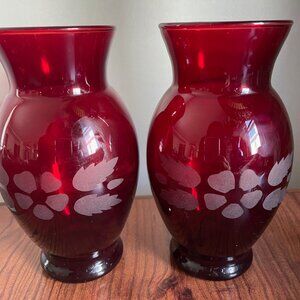 Set of 2 - Vintage 1950 Anchor Hocking Etched Flowers - Ruby Red 6 1/4" Tall